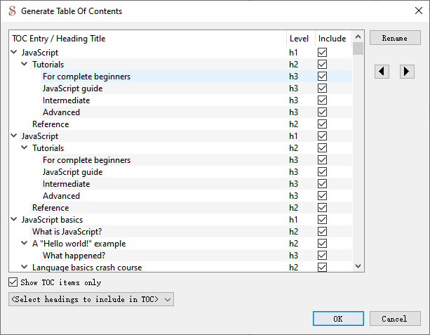 Sigil table of contents with nested chapter entries