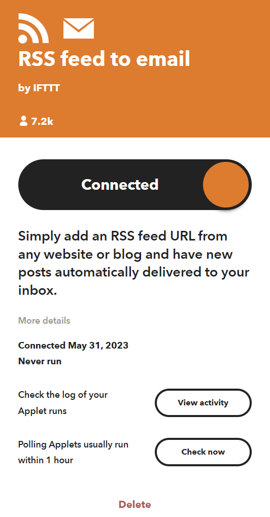 Automation service settings for delivering RSS articles to Kindle