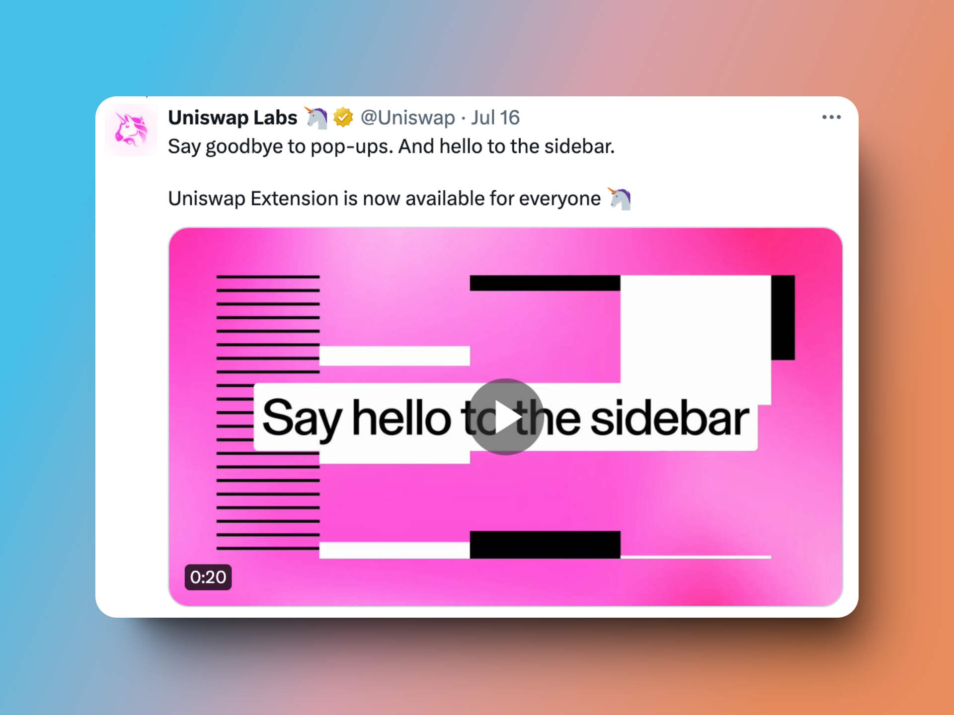 Uniswap post announcing its browser-sidebar extension