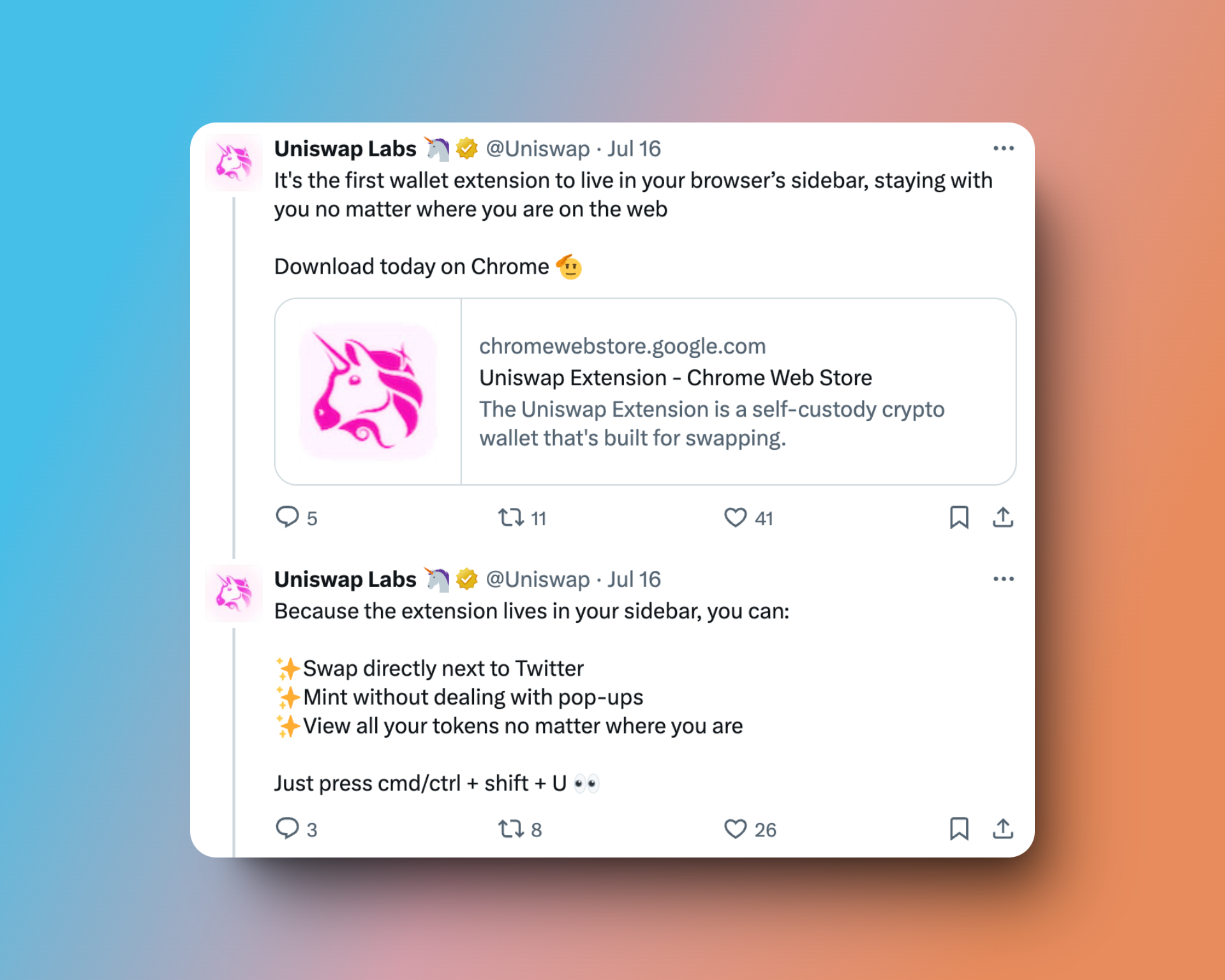 Uniswap post describing wallet controls that stay in the browser sidebar