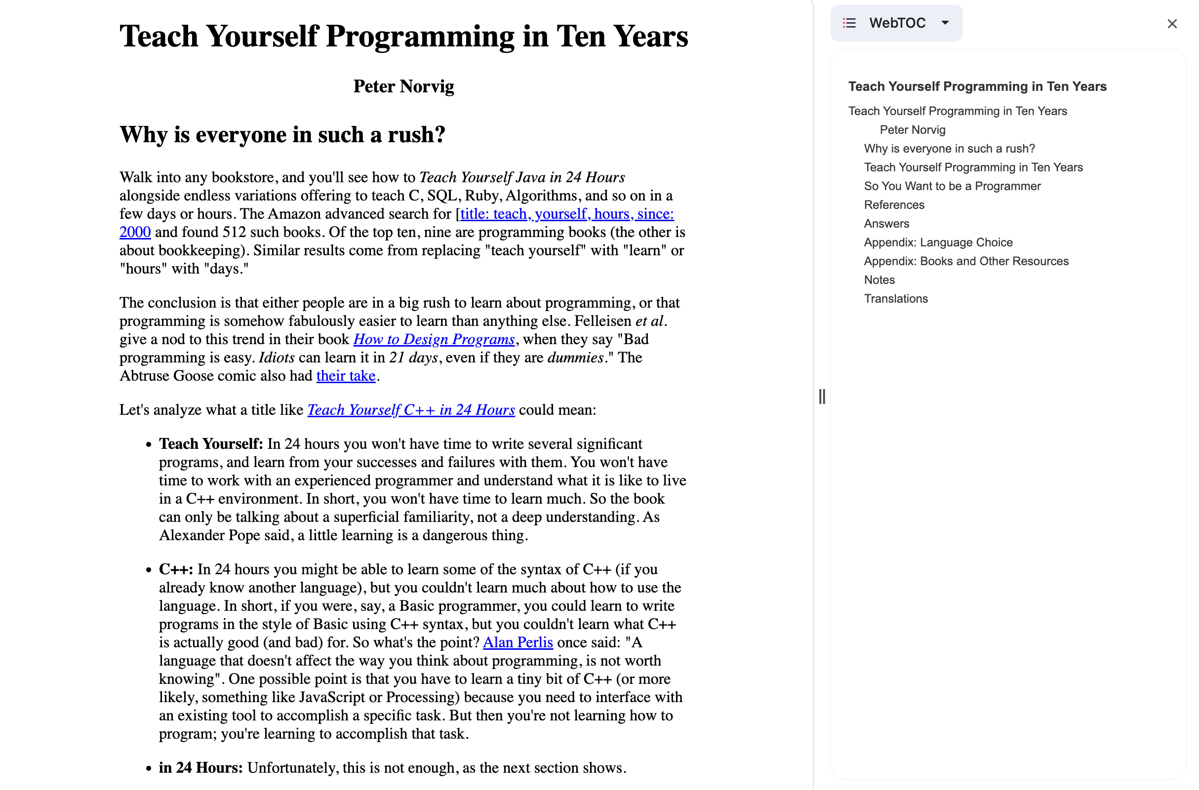 SideTOC sidebar displaying the outline of Teach Yourself Programming in Ten Years